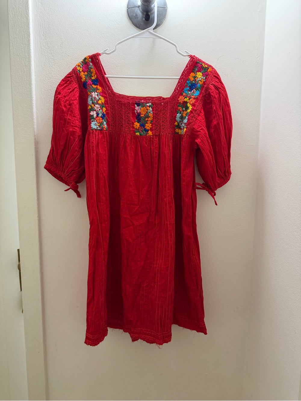 Red Floral Embroidered Peasant Dress